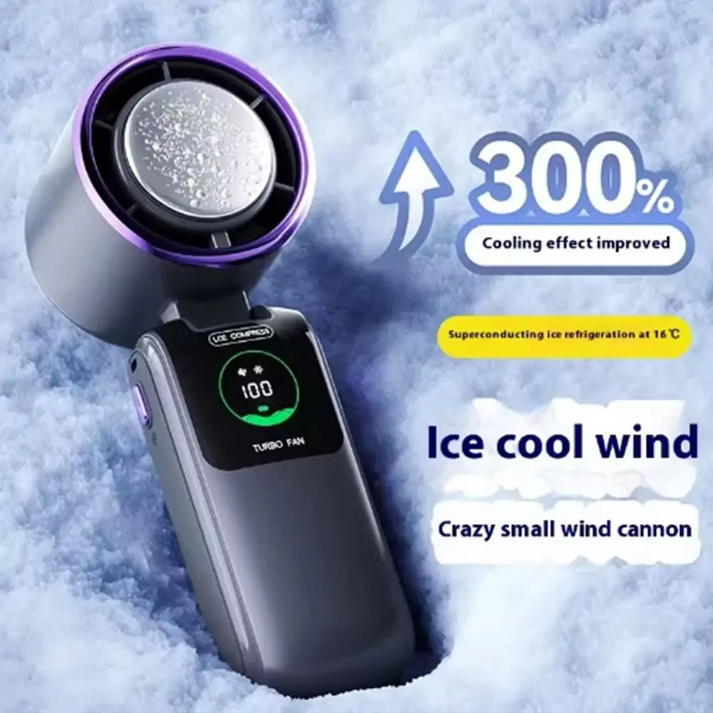 

Semiconductor Refrigeration Mini Handheld Fan 100 Speed Infinitely LED Display Foldable Desk Fan Rechargeable High-speed