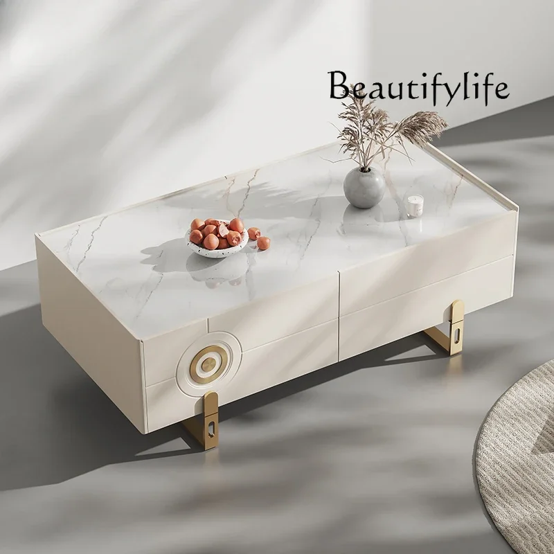

Italian Minimalist Stone Plate Coffee Table Modern Light Luxury Living Room Solid Wood Cream Style Rectangular Tea Table