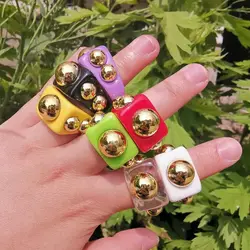 2022 New Golden Bead Transparent Resin Acrylic Square Rings for Women Friends Couple Jewelry Trendy Hyperbole Finger Accessories