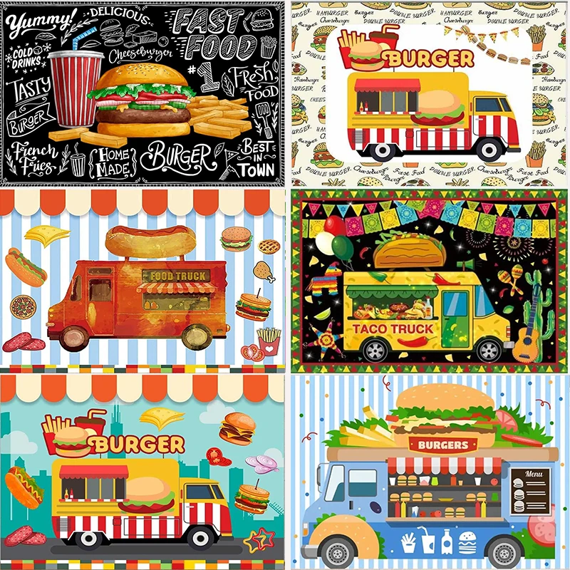 Burger Truck Backdrop Hot Dog Fries Decor Fast Food Retro Art Party Onion Tomato Cheese Booth Studio Photography Background