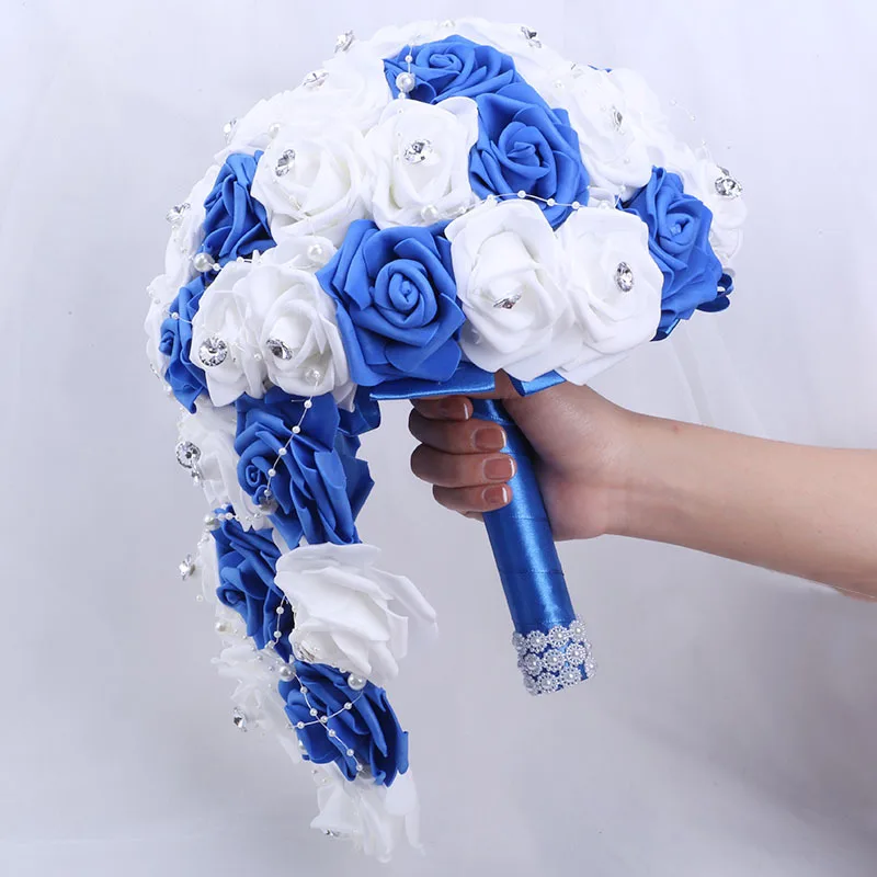 

Korean style waterfall pe bride bridesmaid artificial hand holding bouquet wholesale pearl rhinestone hand holding bouquet