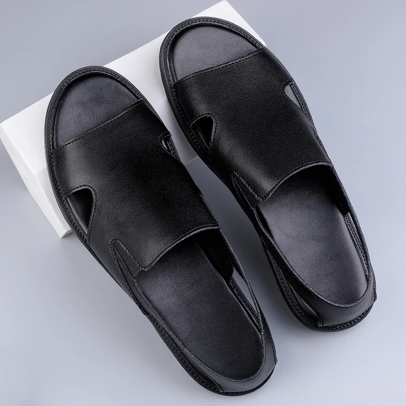 Italian Style Summer Black Sandals Lightweight Fashion Roman Shoes Original Designer Leather Shoes Outdoor Breathable Slippers