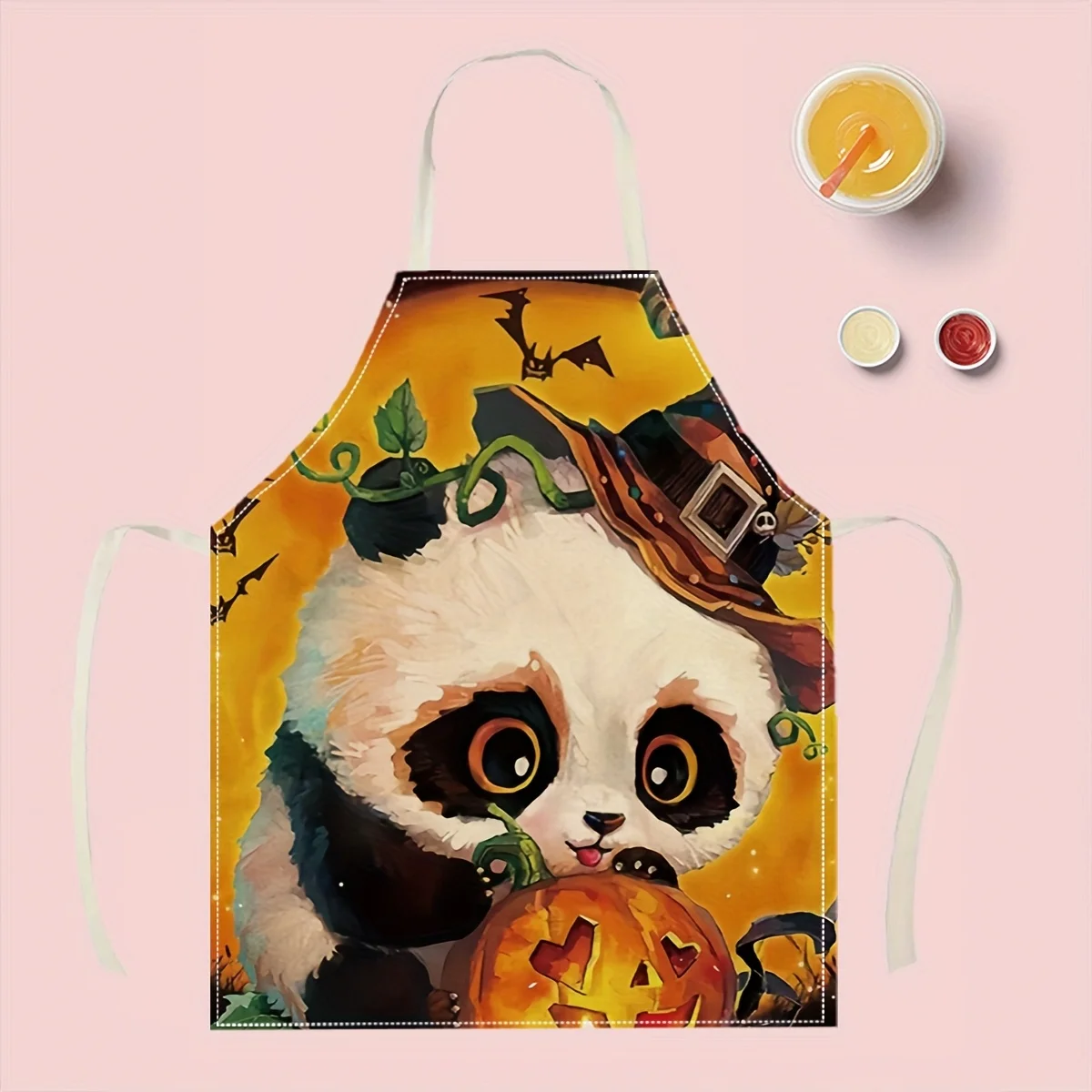 Cute Panda Halloween Apron, Funny Witch Hat and Pumpkin Graphic Cooking Bib, Spooky Kitchen Decor, Holiday Gift for Kids