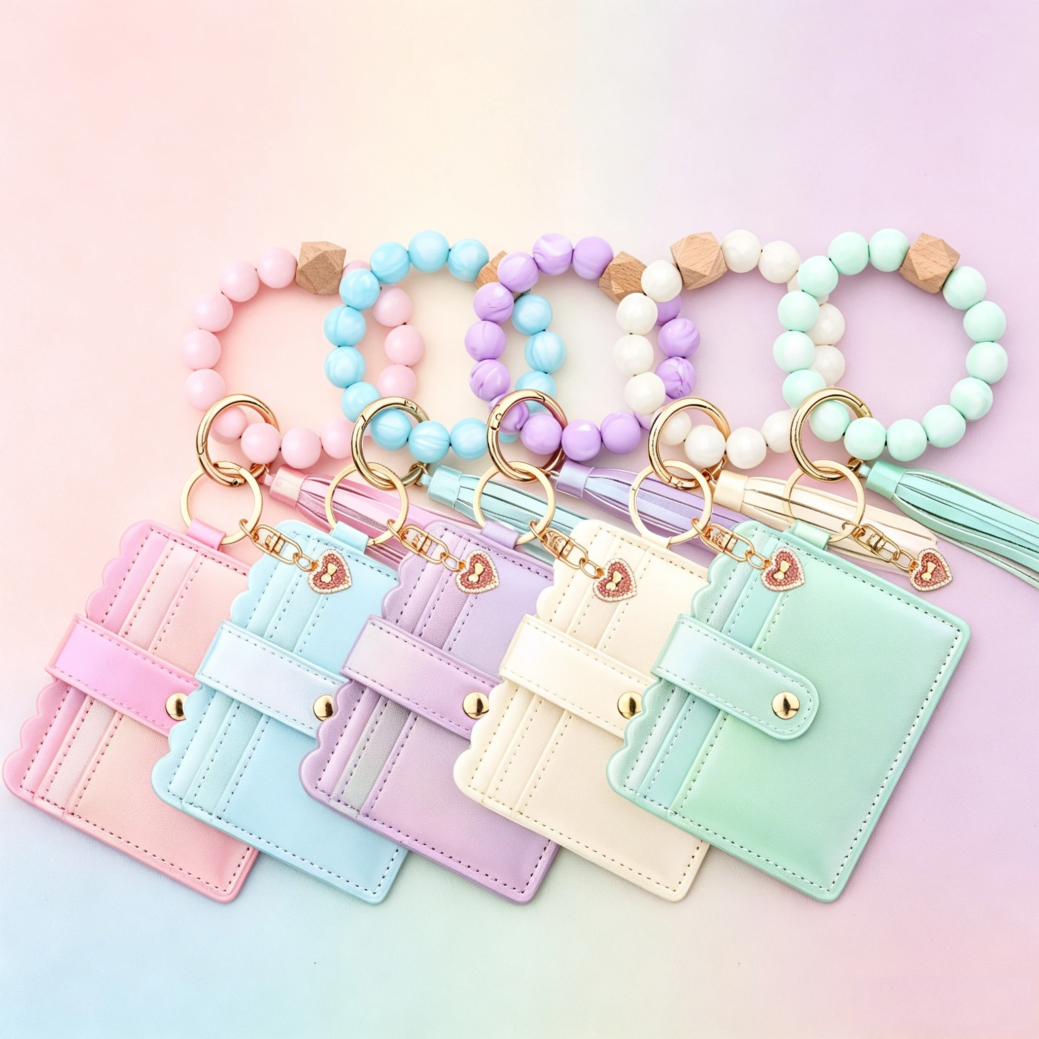 Porte-cartes Adorable pour Filles, Portefeuille Couleur Dégradée, Breloque Cœur, Bracelet Perles en Silicone, Étui en Cuir pour Cartes d'Identité - Organisateur Tendance