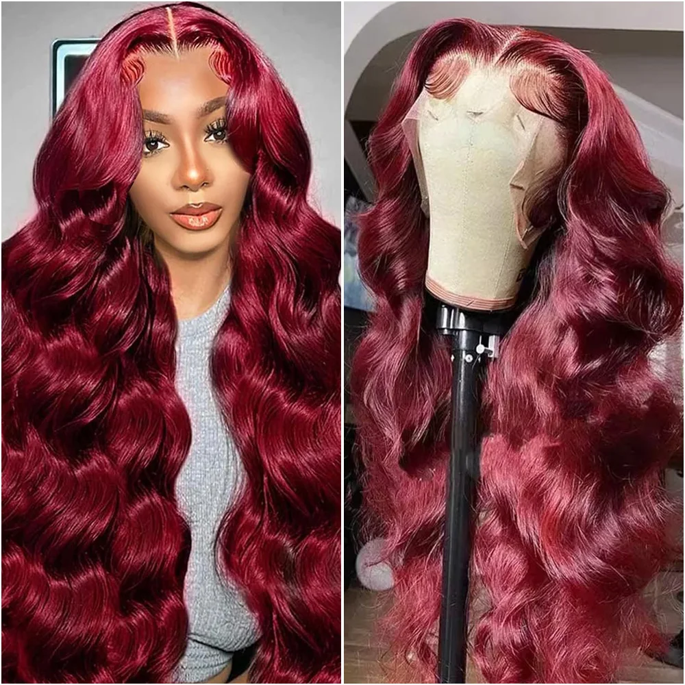 

Накладные парики из натуральных волос 99J Burgundy Body Wave, 30-40 дюймов, с HD-кружевной передней частью 13x6 и 13x4, для женщин, плотность 200%.