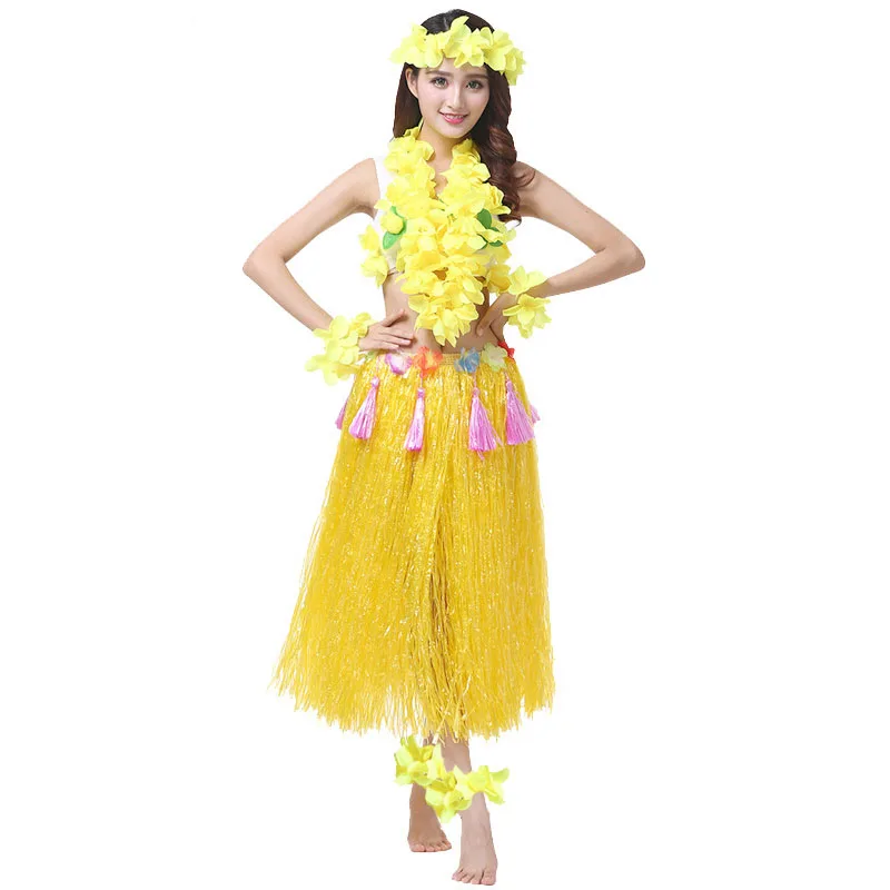 Adult Woman 80cm Hawaiian Cosplay Costume Flower Lei Headband Wreath Garland Wristbands Bra Hula Skirts Adults Hawaii Holiday