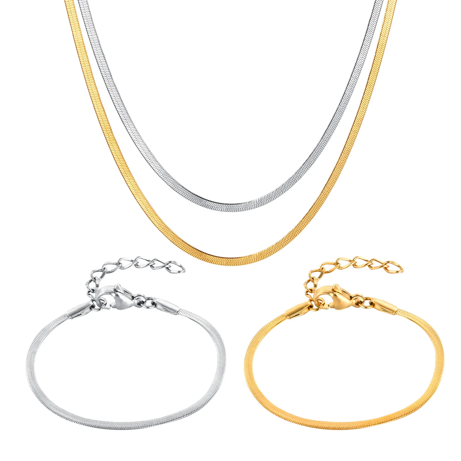 Kid's Jewelry Set Stainless Steel Thin 2mm Wide Snake Chain Necklace Bracelet Bling Silver Gold For Daughter Gifts n2135