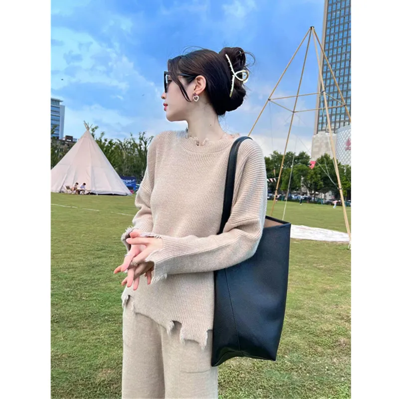 Knitted Two Piece Sets Womens Outifits Casual New Knit Women High Waist Wide Leg Straight Pants Suit Harajuku Autumn Clothes