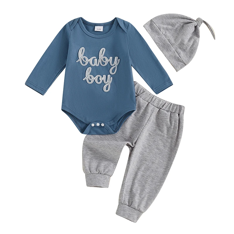 

Baby Boys Fall Outfits Letter Print Long Sleeve Rompers Long Pants Hat 3Pcs Clothes Set