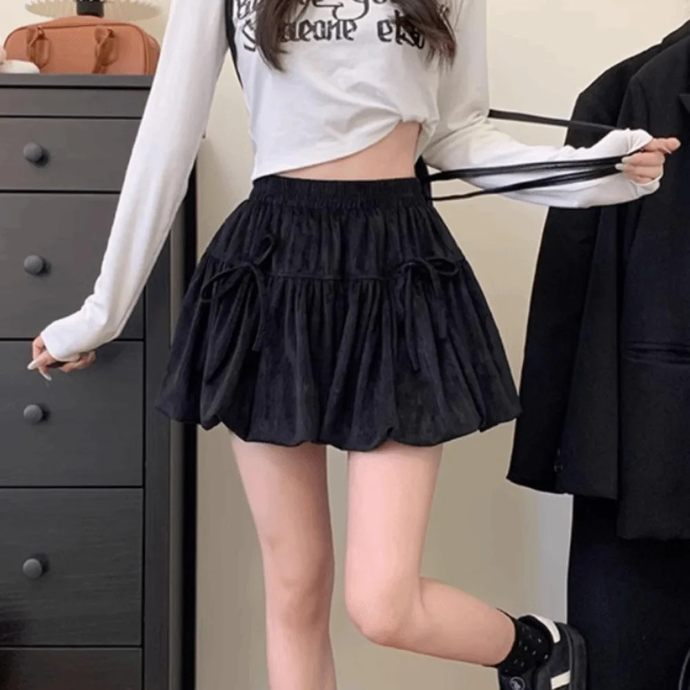 Cute Polyester Bubble Skirt High Waist Cut Bow Decorated Bow Half Skirt Puffy Silhouette Short Length Puffy Skirt Bottom Women