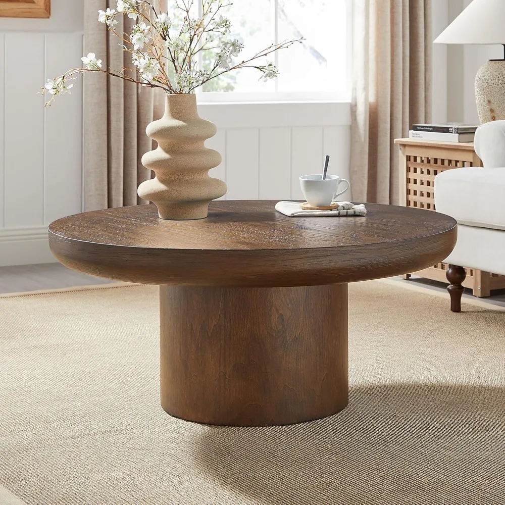 Ronde salontafel 36" hout voor woonkamer cirkel boerderij midden eeuw moderne bank zijkant slaapkamer meubelen bruin