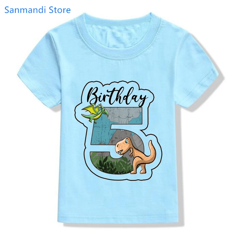 Summer Tops for Girls/Boys Clothes 2th-9th Birthday Gift Jurassic Dinosaur Graphic Print T-Shirt Harajuku Kawaii Blue Tshirt