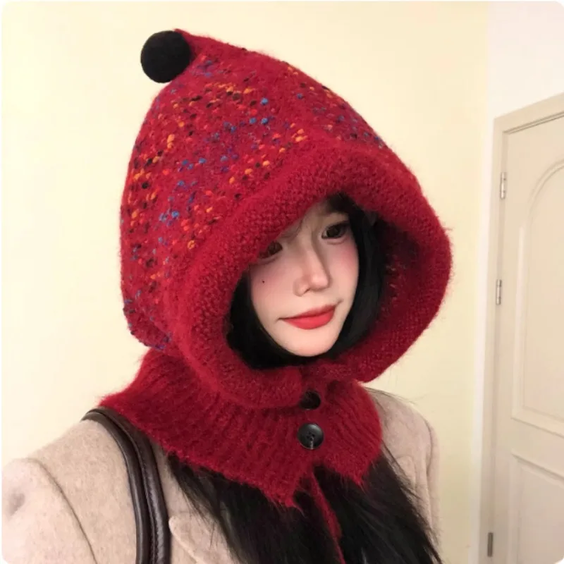 

Новый цвет, разноцветная вязаная шапка-балаклава, зимний уличный теплый шарф со встроенным шейным ремешком, шапки-бомберы для женщин