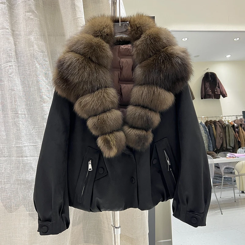 2026 Winter New Style Natural Fox Fur Collar Suede Down Jacket for Women, Fashionable Loose-Fitting Thick Short Down Coat