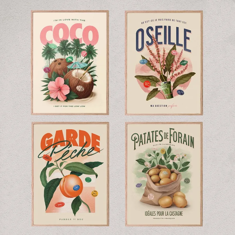Vintage Fruits and Vegetables Poster Retro Abstract Canvas Painting Print Wall Art Picture for Living Room Home Decoration Mural