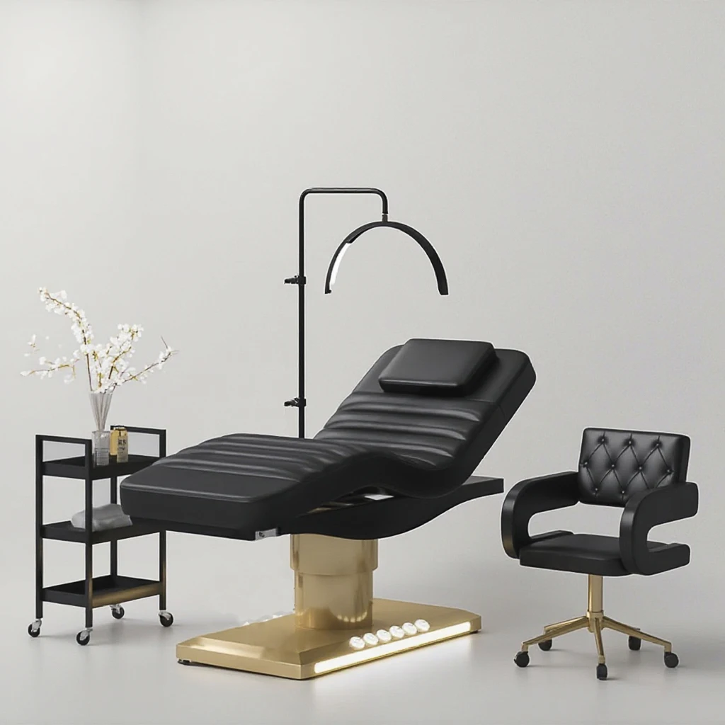 سرير الوجه الكهربائي الاحترافي الفاخر من الفولاذ المقاوم للصدأ باللون الذهبي 3 محركات سبا صالون سرير طاولة تدليك التجميل سرير التجميل