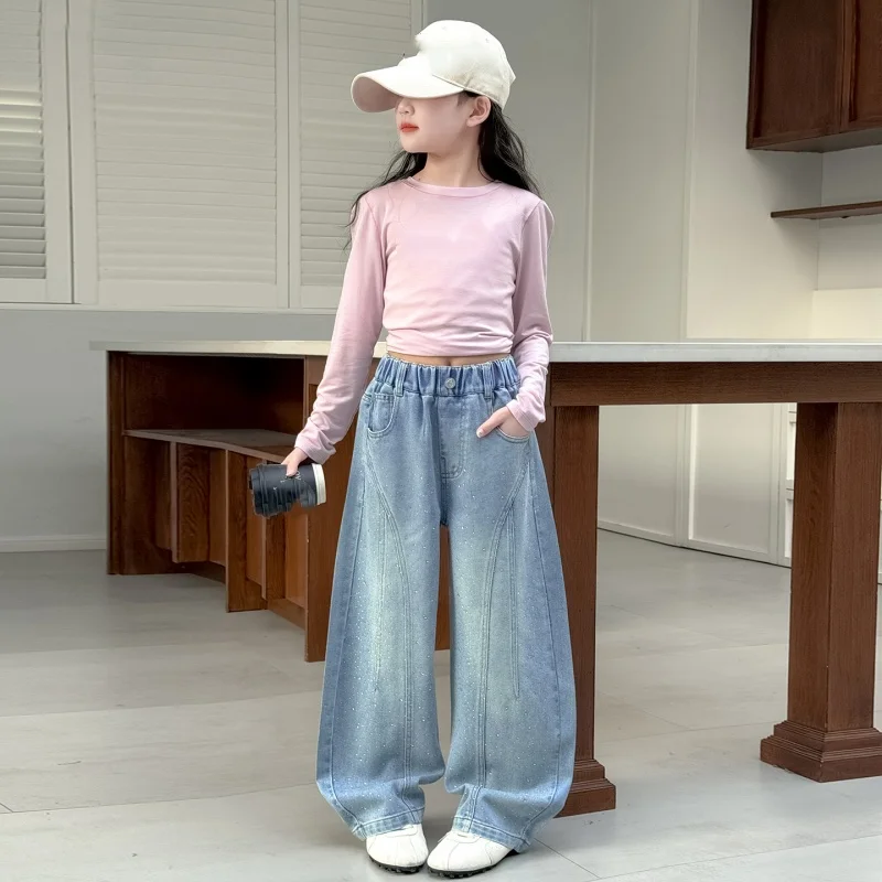 Girls Rhinestone Barrel Jeans, Front Curved Splicing Soft Stone Wash Denim Pants, Teen Girl Y2K Wide Leg Banana Trousers Hot
