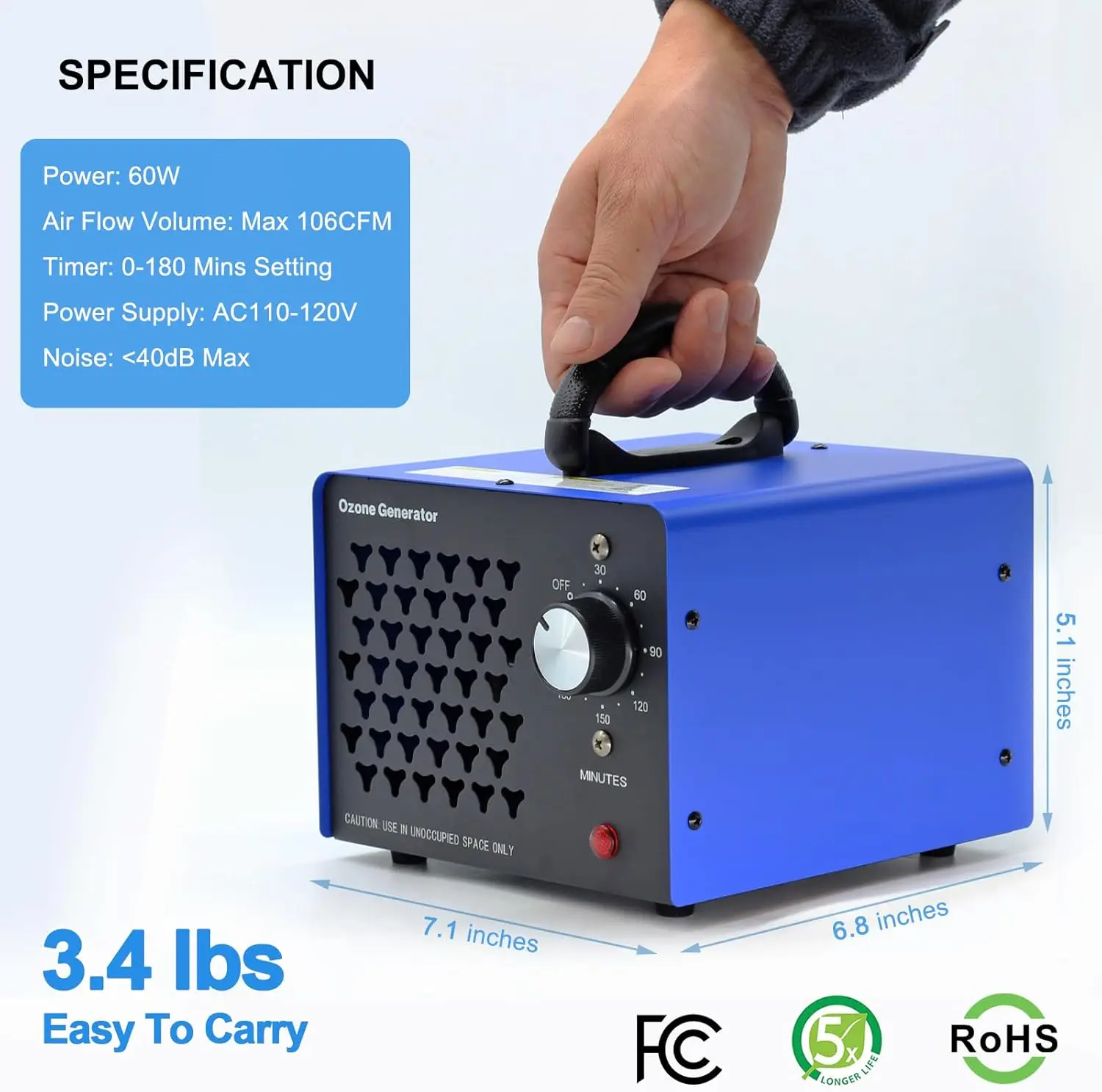 고용량 오존 발생기 70000mg 냄새 제거 최대 6000 평방피트, 연기, 자동차, 지하실, 애완동물 방에 이상적