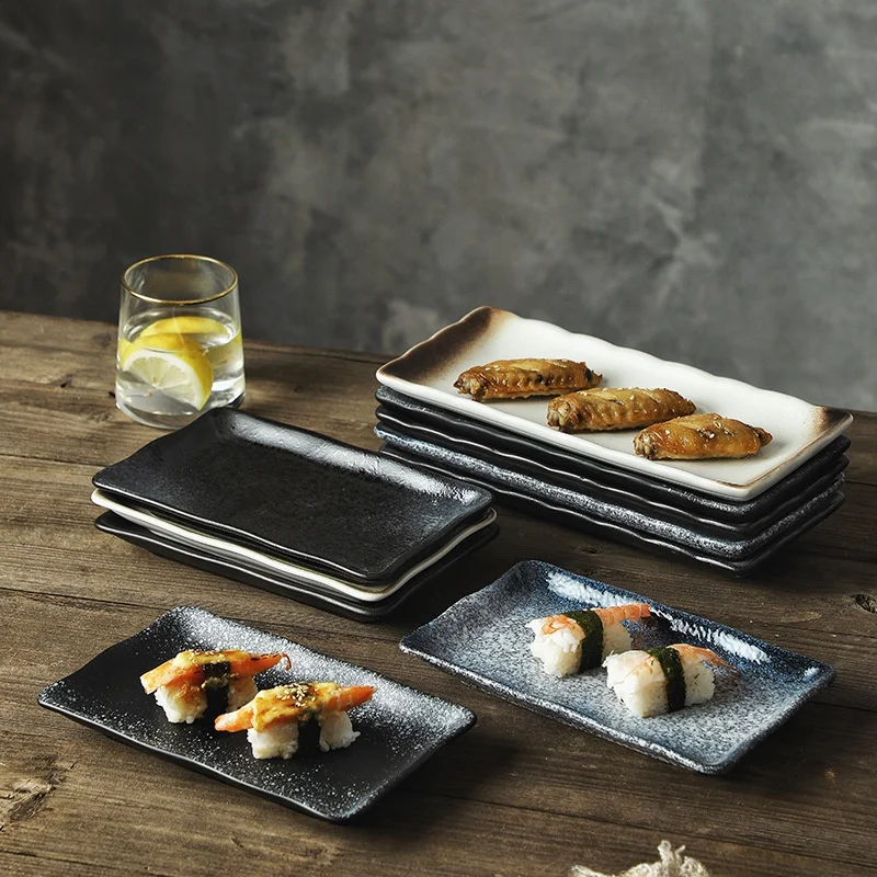Large Ceramic Plate Wave Design Sushi Plate BBQ Restaurant Dinnerware Long Rectangle Shape Home Use Dessert Plate for Men And...