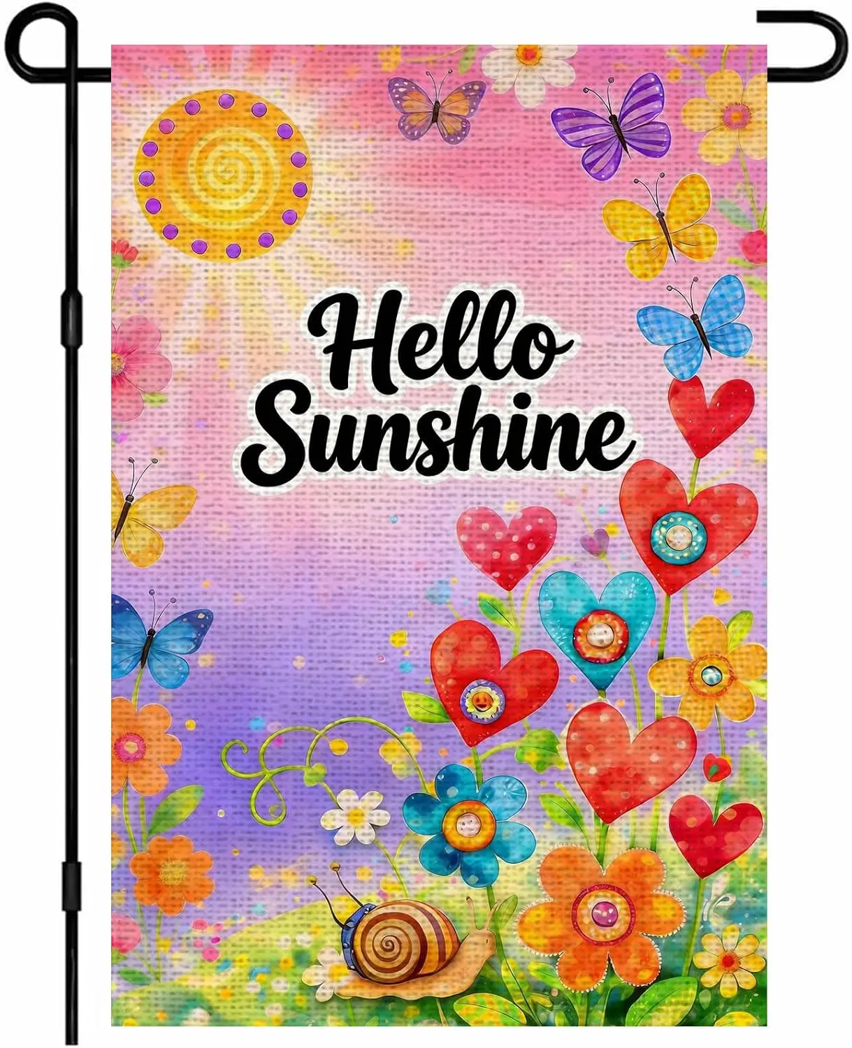 IVN Hello Sunshine Summer Garden Flag 12x18 Inch Double Sided Burlap – Floral Hearts & Butterflies Design for Outdoor Po ZZM