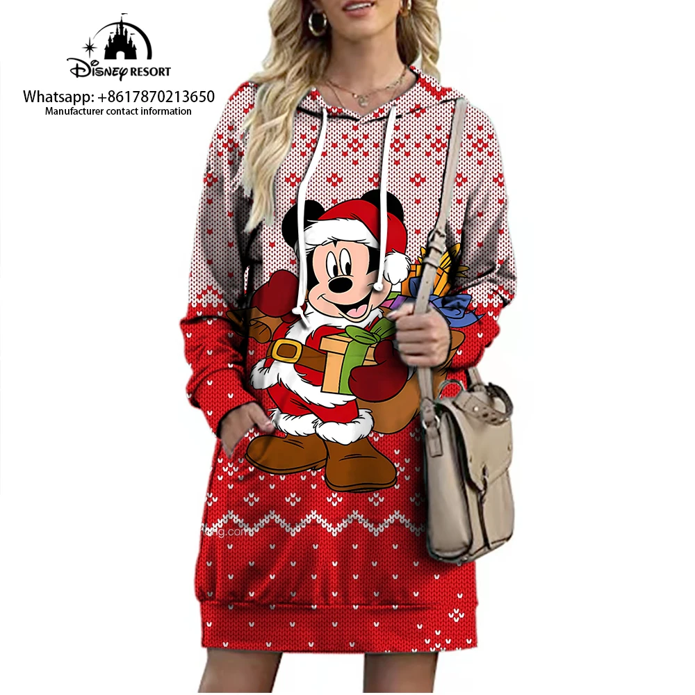 Winnie the Pooh and Mickey Cartoon Christmas Collection Streetwear Disney Brand Long Hoodie Fall New Mini Sexy Dress 2022