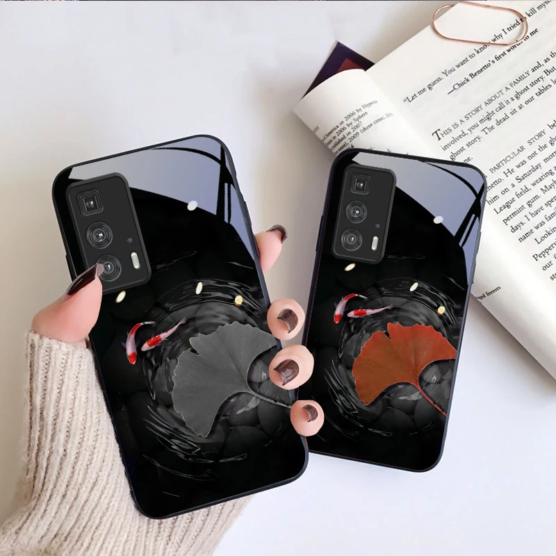 Koi and leaves in water For Motorola Moto Edge 20 Lite 30 Pro 40 Neo 50 Ultra G Play G45 G54 G55 G75 G84 G85 Glass Phone Case view 4
