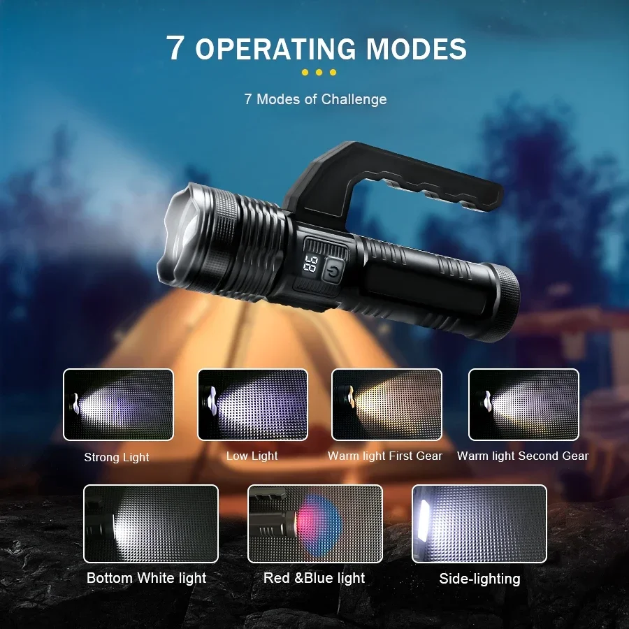 Super Bright XHP120 Flashlight 7 Modes,Multifunctional Searchlight Zoom Torch With COB Sidelight Outdoor Camping Portable Lamp