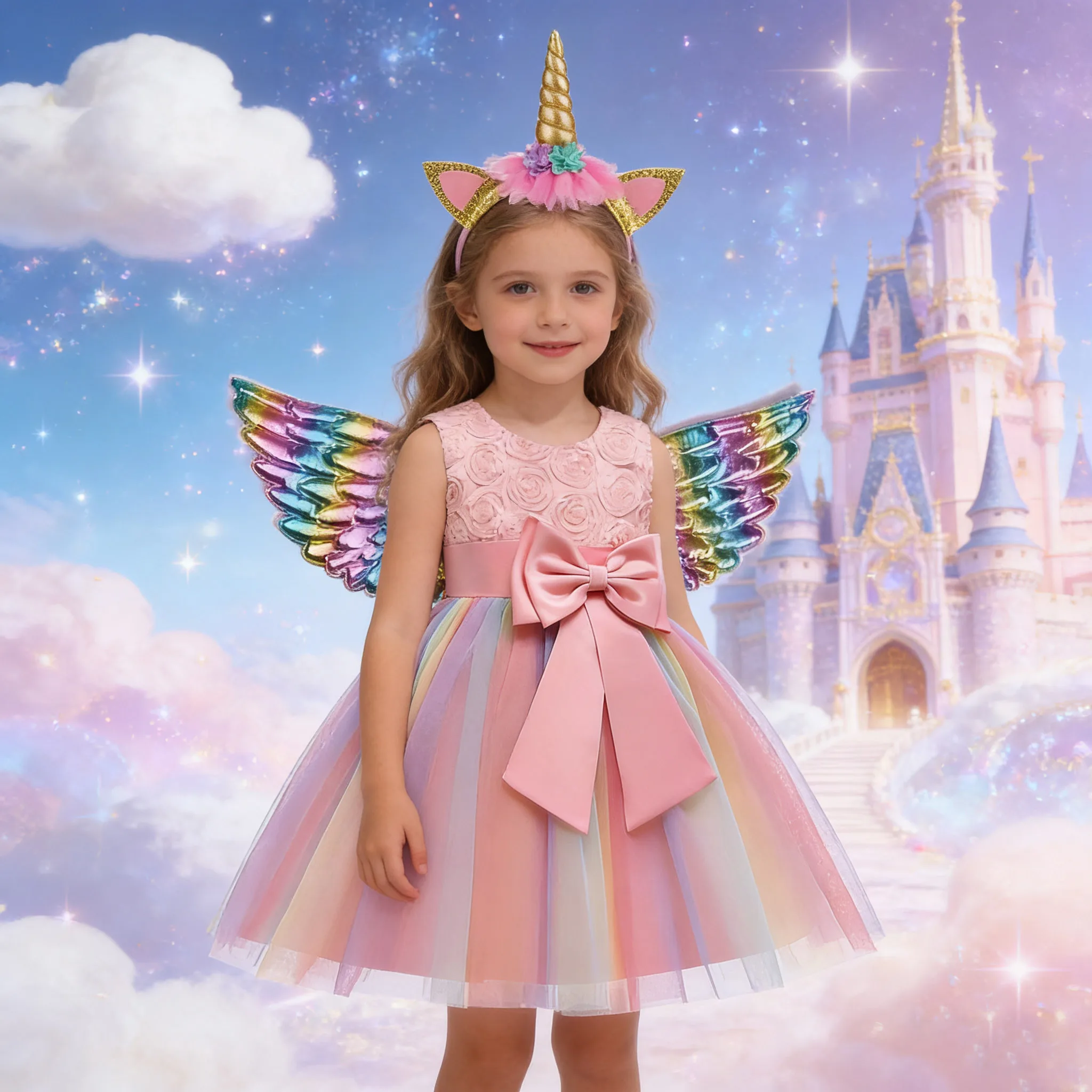 

Карнавальное платье-пачка с единорогом для девочек, детское праздничное платье принцессы радуги, детские платья для девочек, нарядное платье с повязкой на голову и крыльями
