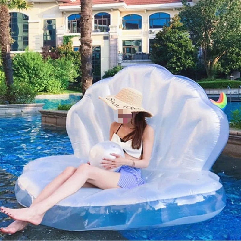 PVC inflatable shell floating row with ball pearlescent white scallop floating bed adult water swimming ring