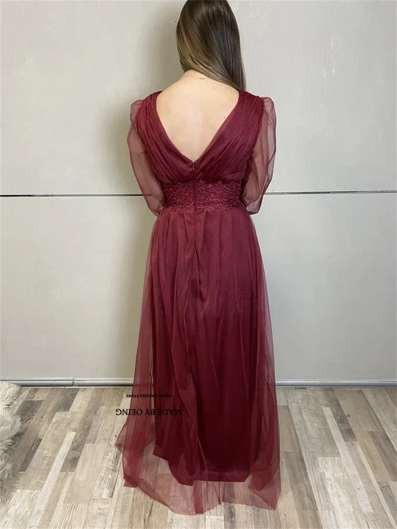 Gaun Prom Tulle leher V merah anggur gaun malam lengan Puff seksi gaun acara Formal panjang lantai gaun acara Vestidos De Noche