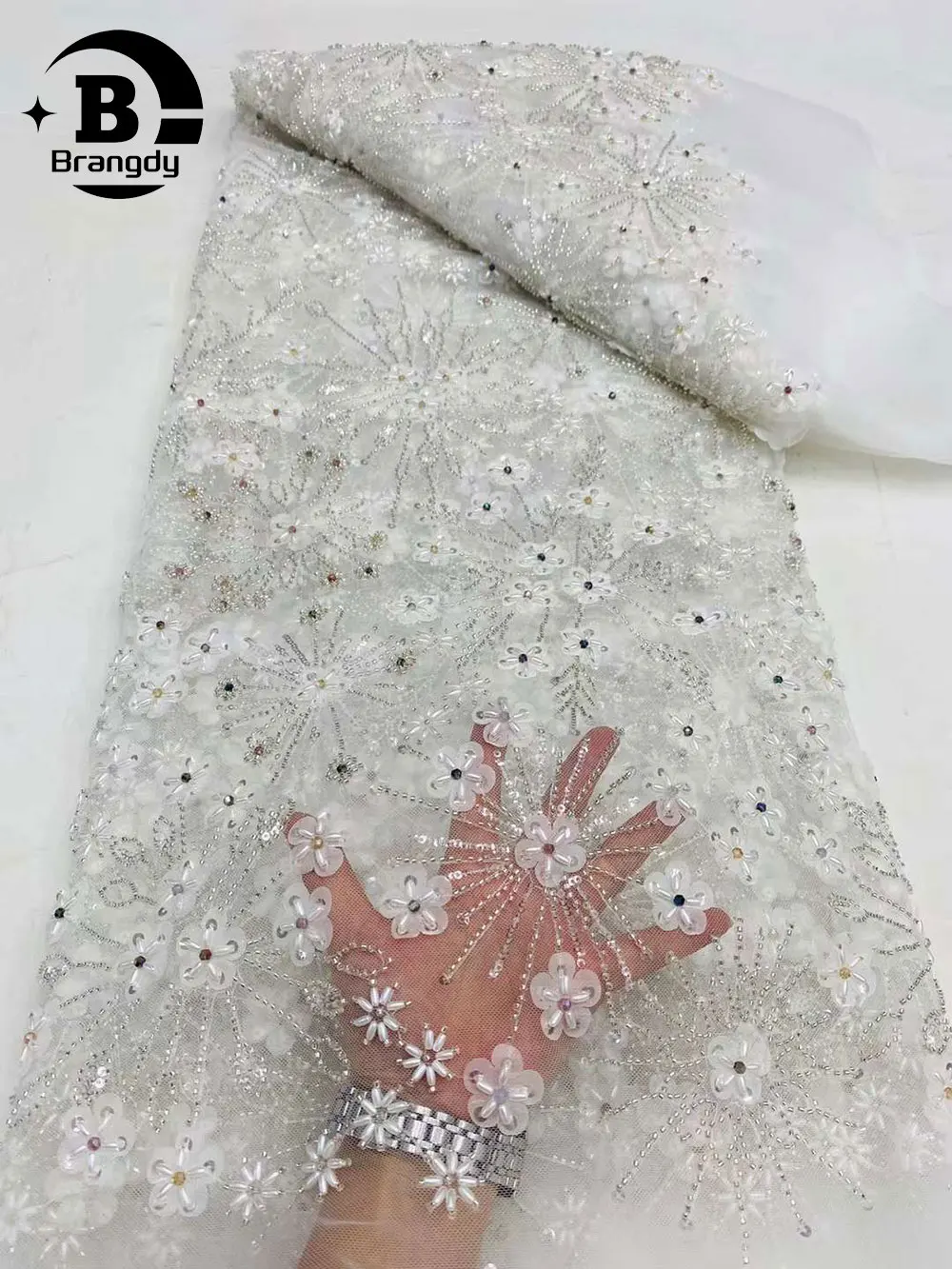 

Brangdy African 3D Lace Fabric 2024 High Quality Groom Lace Material French Nigerian Sequins Lace Fabrics For Party Wedding