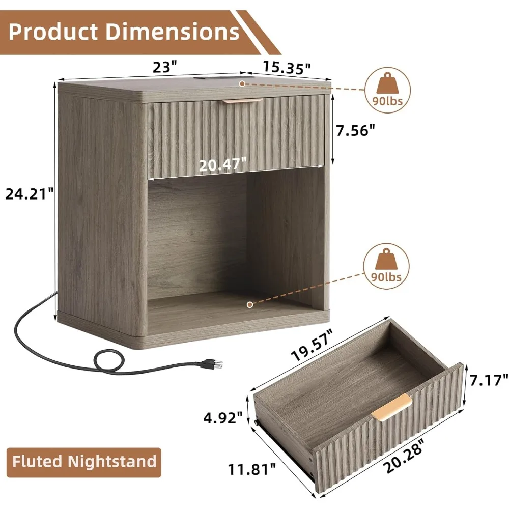 منضدة LEYAOYAO المخددة مع قاعدة شحن، طاولة نهاية 23 درجًا واسعةًا، حامل ليلي رمادي مع خزانة تخزين مفتوحة، Farmho