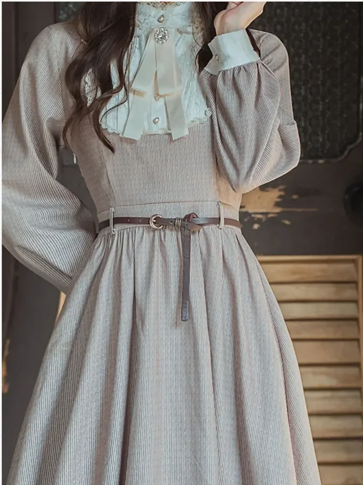 old fashioned frilly dress Apricot Square Neck Ruffle Corset Vintage Fairy Dress, Apricot / S