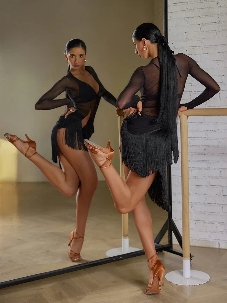 Robe Sexy à franges en maille pour danse latine, avec soutien-gorge, pour salle de bal, pratique latine, vêtements de scène, ZYMdancestyle Meshe