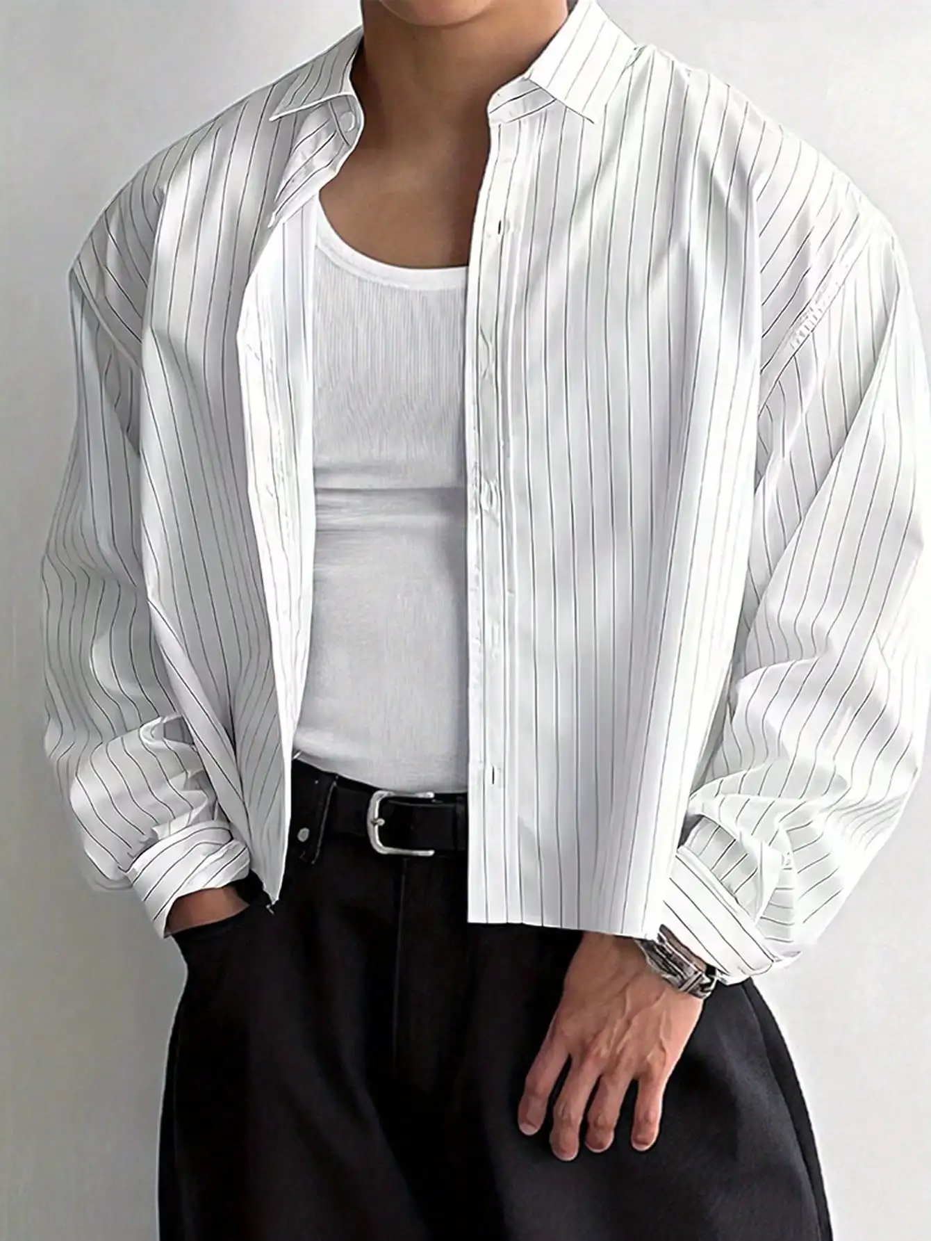 

Men's Long Sleeve Striped Casual Shirt, Relaxed Fit, White with Black Stripes