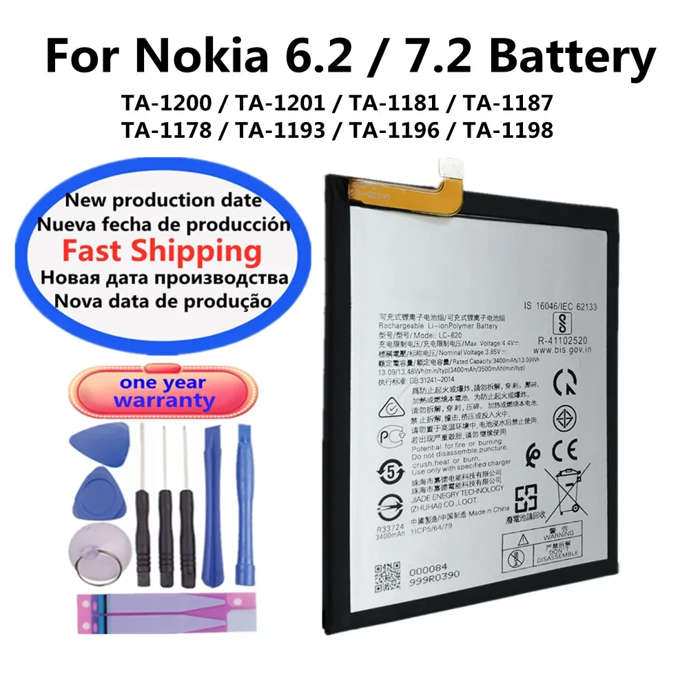 

New 3500mAh LC-620 Original Phone Battery For Nokia 6.2 7.2 TA-1198 TA-1200 TA-1196 LC 620 Battery Bateria Fast Shipping + Tools