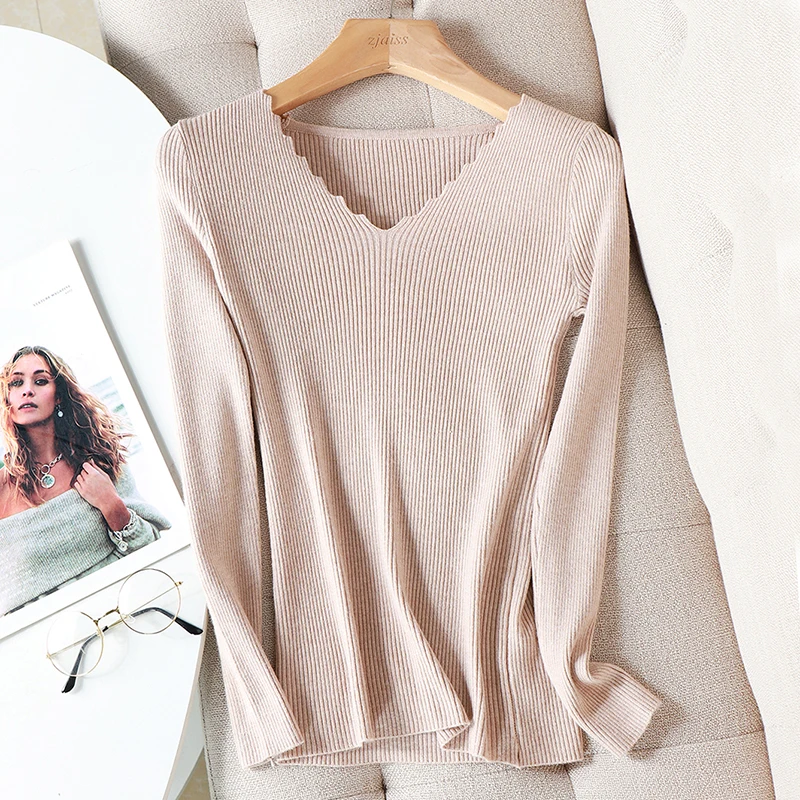 basic wavy v-neck solid autumn winter Sweater Pullover Women Female Knitted sweater slim long sleeve badycon sweater cheap