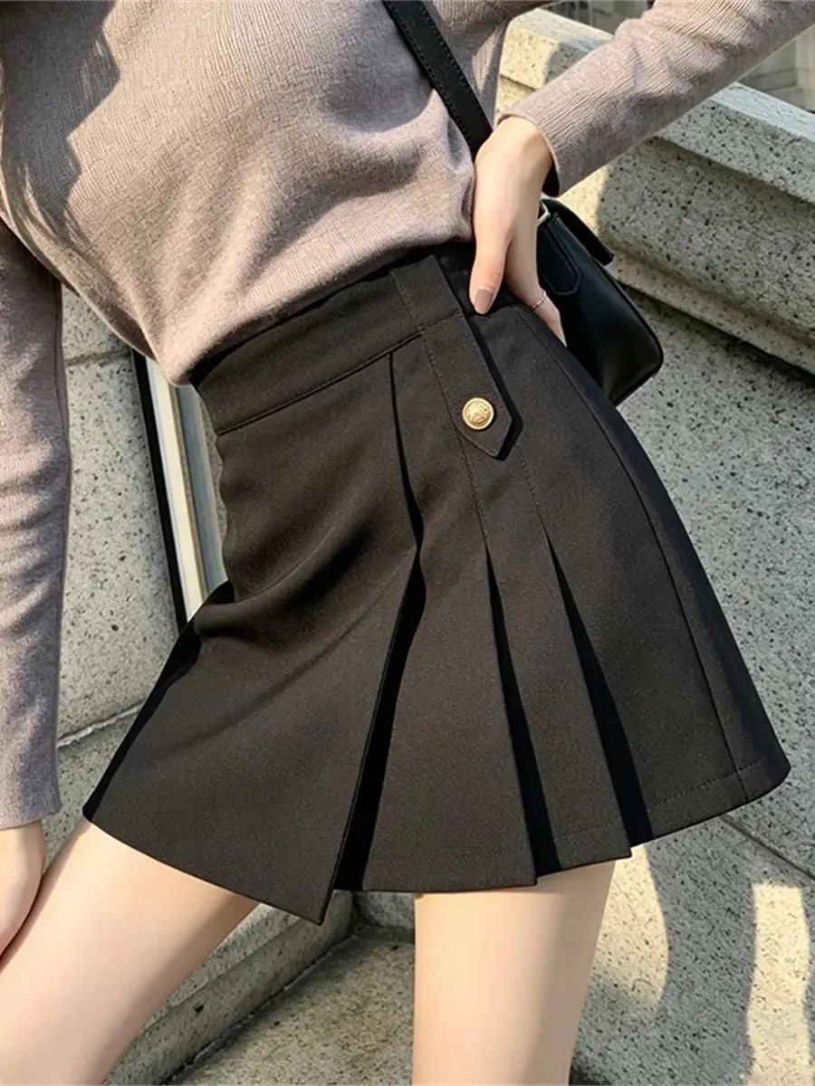 Autumn Fashion Solid Button Splice Asymmetrical Suit Skirt For Women 2026 Y2k High-Waisted Versatile Pleated Mini Skirt