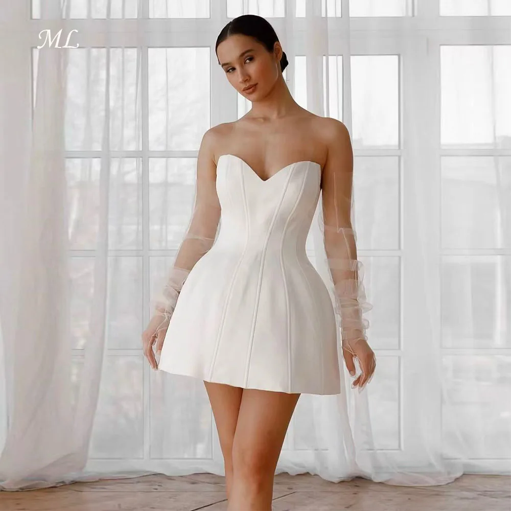 

ML Graceful Mini Wedding Dresses with Gloves Sweetheart Ivory Satin A-Line Short Birdal Gown Customized for Bride New 2026