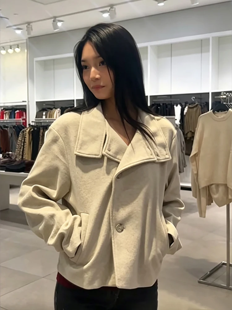 Elegant Stand Collar Faux Woolen Coat Women Minimalist Single Breasted Irregular Long Sleeve Jackets 2026 Autumn Daily Outerwear