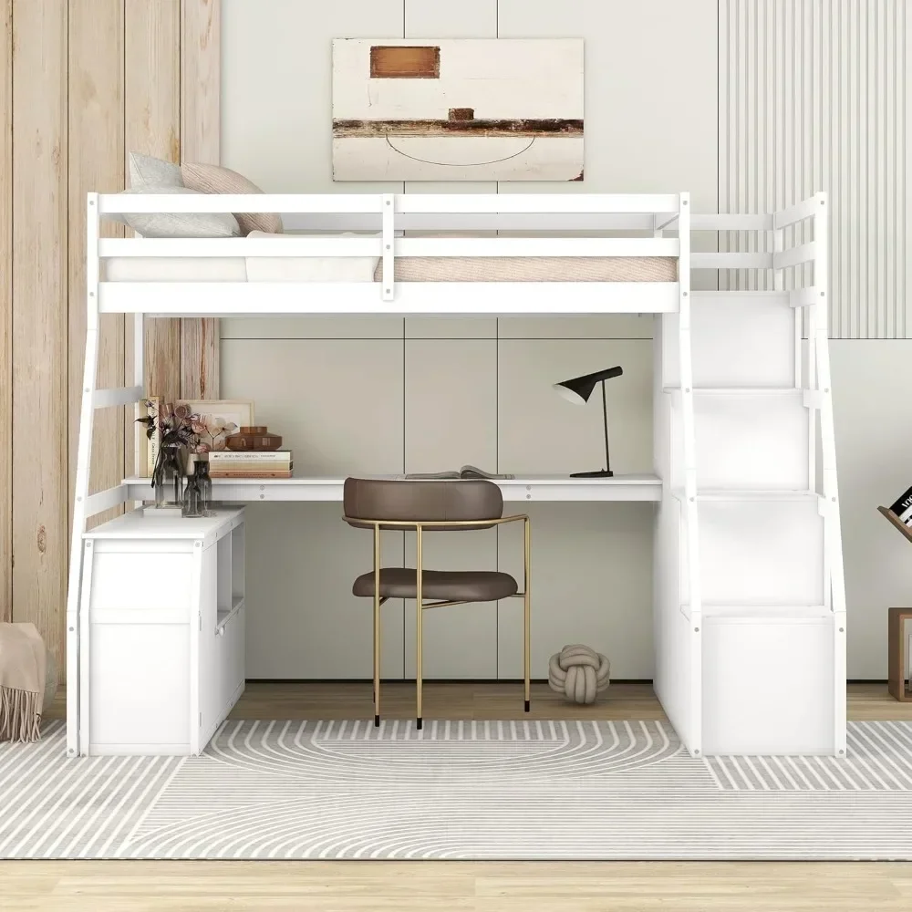 Twin Loft Bed with Stairs & Desk, Wood Loft Bed Frame with Storage Drawers and Cabinet, with Storage Steps High Loft Bed