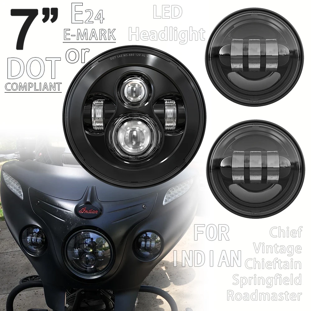 

7" E24 DOT LED Headlight Headlamp For Indian Chief Chieftain Roadmaster Springfield Motorcycle 4.5" Fog lights Auxiliary Lamp