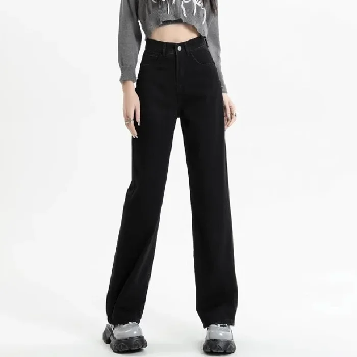 جديد أسود فضفاض الجينز الشارع الشهير خمر النساء عالية الخصر فضفاض الجينز النساء السراويل زر النساء السراويل مستقيم واسعة الساق الجينز