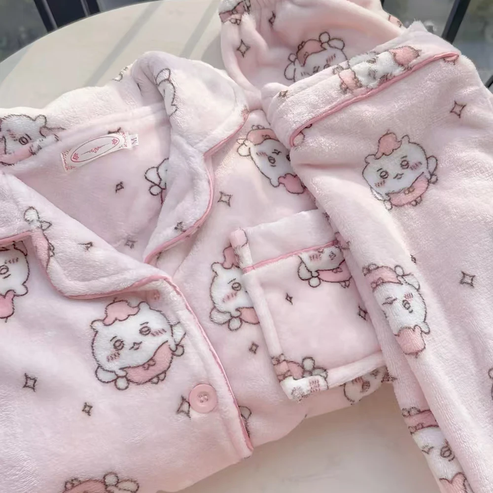 Chiikawa Hachiware Usagi Pjs Woman's Pajamas Girls Anime Flannel Plus Thicken Warm Cute Pajamas Cartoon Student Kawaii Homewear