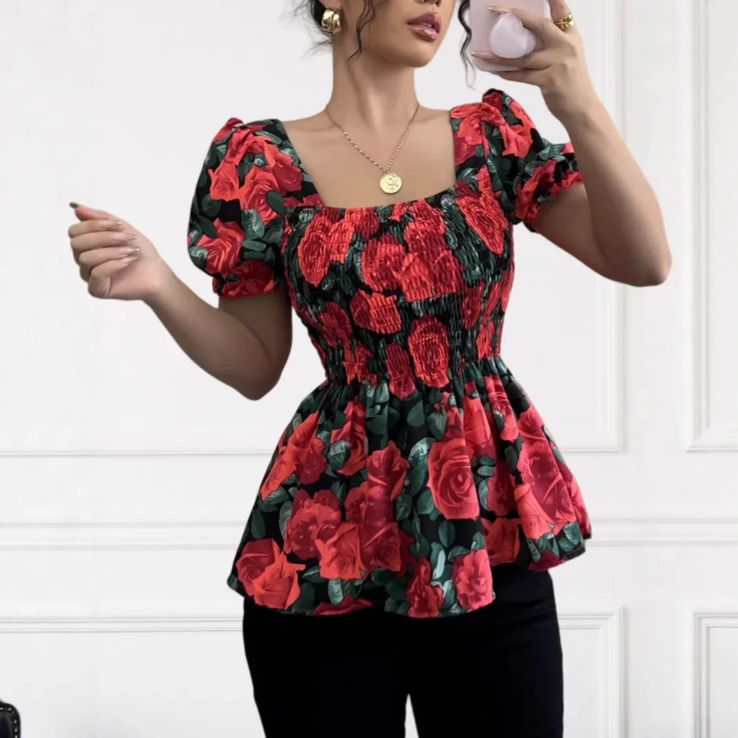 

Floral Print One-oulder Women's irt Princ Sve Ne Top Eco-Friendly Fiber 8-24 Years Old Spring Season