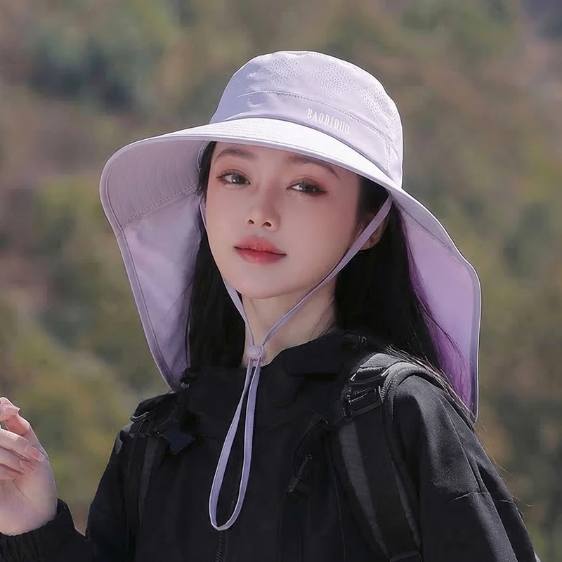 New spring and summer outdoor sun hat with adjustable ponytail, women's large brimmed shawl, neck protecting fisherman hat