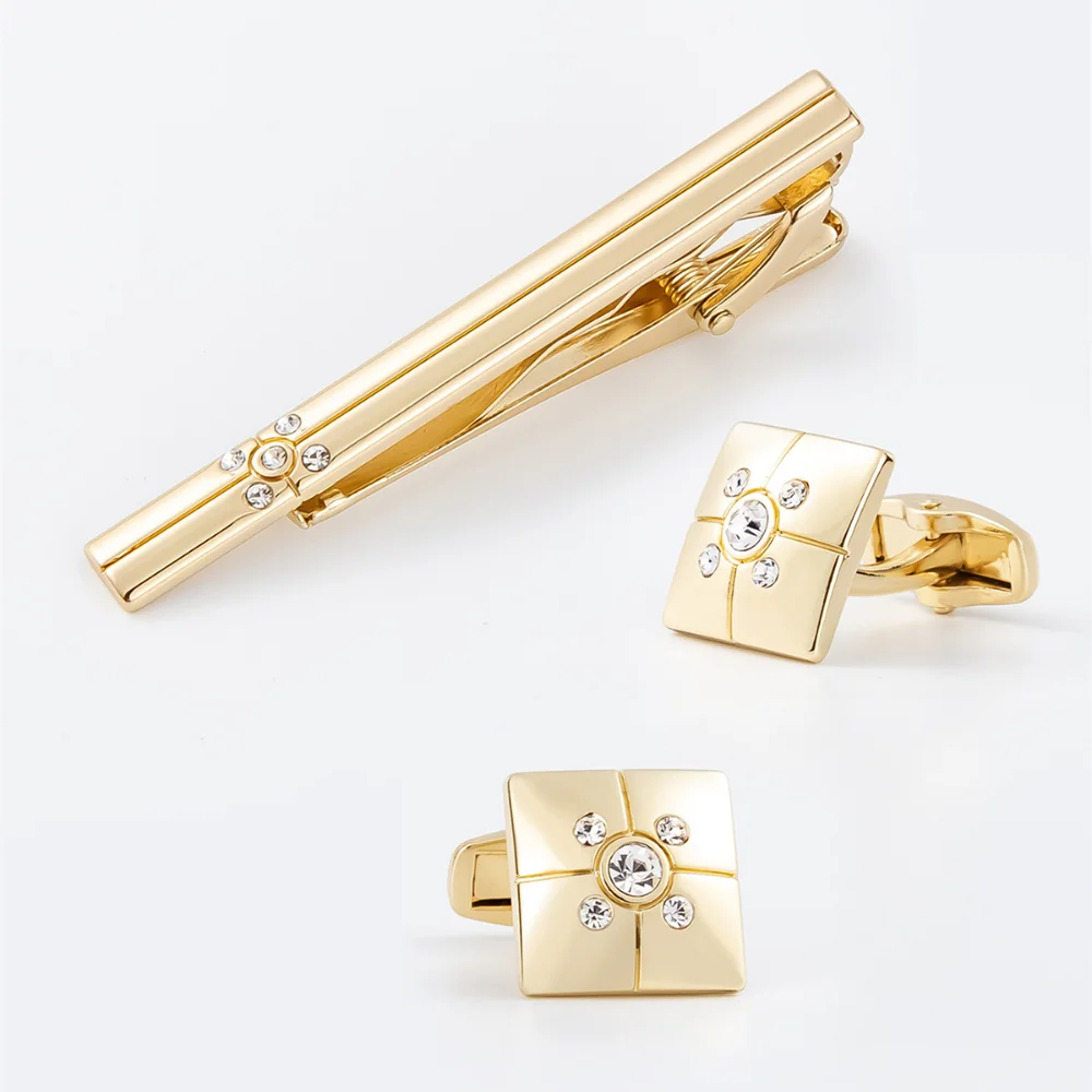 Men's Business Tie Clip and Cufflinks Two-piece Set Exquisite Rhinestone-decorated Formal Wear and Banquet Accessories