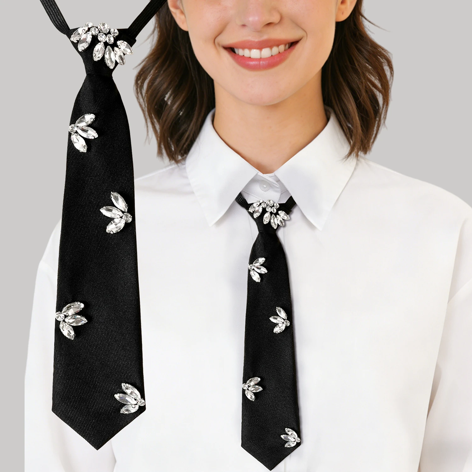 Fashionable Lady Solid Color Sparkly with Rhinestones Versatile New Tie