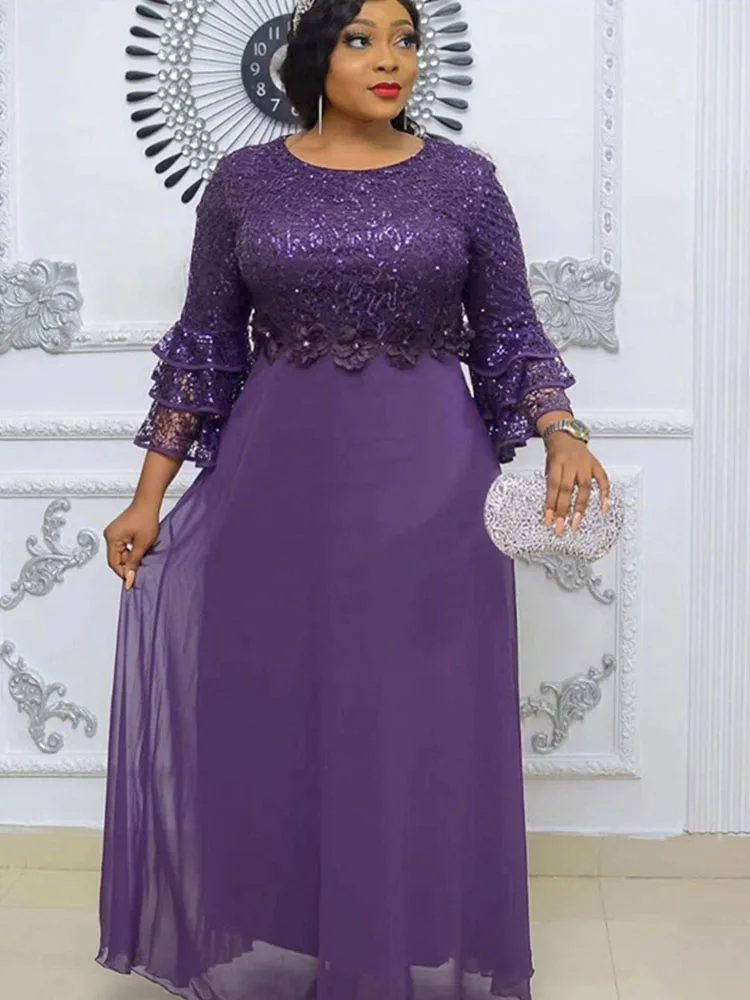 Doyerl-maxivestido de gasa con lentejuelas brillantes para mujer, vestido elegante de celebridad con manga acampanada y cuello redondo, cintura alta, vestidos de fiesta para graduación y Club