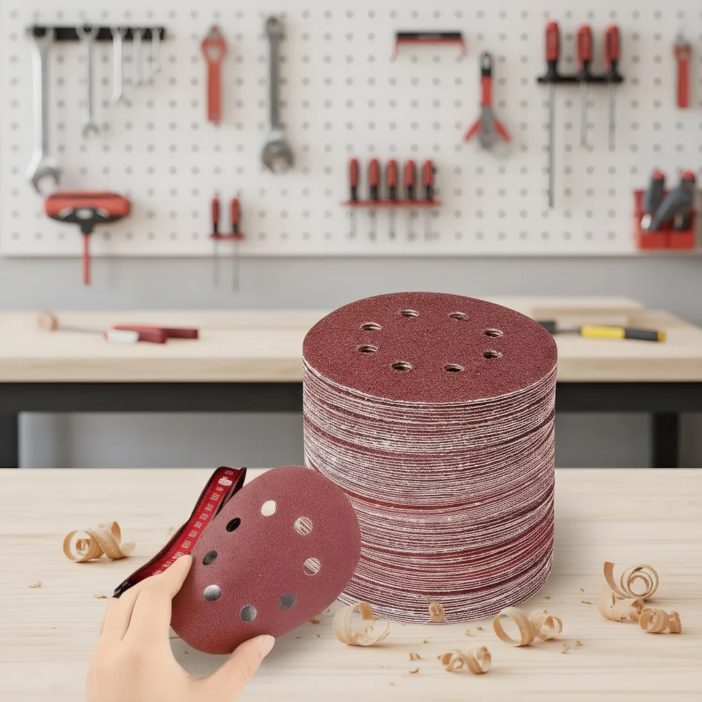 

5 Inch 80 Grit Sanding Discs 8 Hole Hook Loop Red Velvet Sandpaper for Metal Wood Polishing Air Grinder